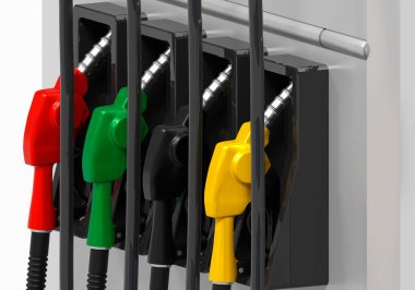 Benzin istasyonundaki çok renkli benzin pompalarının yakın çekimi.