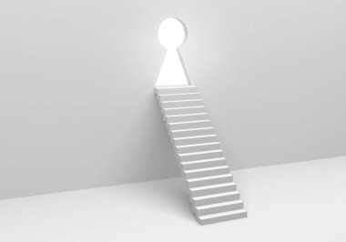 Merdivenli açık kapı anahtar deliğinden ışık, iş konsepti