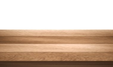 Beyaz arkaplanda izole edilmiş ahşap ya da tahta masa üst köşesi görüntüsü
