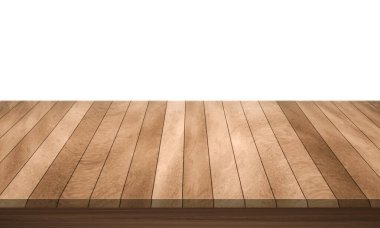 Beyaz arkaplanda izole edilmiş ahşap ya da tahta masa üst köşesi görüntüsü