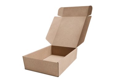 Boş kahverengi karton kutuyu beyaz arkaplanda aç