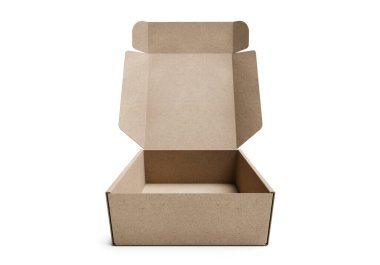 Boş kahverengi karton kutuyu beyaz arkaplanda aç