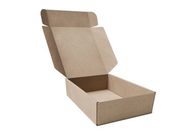 Boş kahverengi karton kutuyu beyaz arkaplanda aç