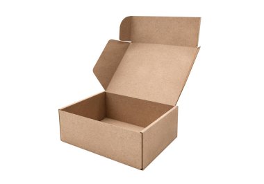 Boş kahverengi karton kutuyu beyaz arkaplanda aç