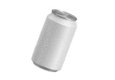 Beyaz zemin üzerinde su damlaları olan alüminyum soda kutusu