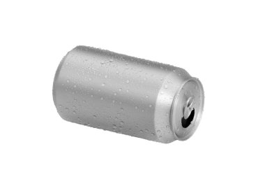 Beyaz zemin üzerinde su damlaları olan alüminyum soda kutusunu aç