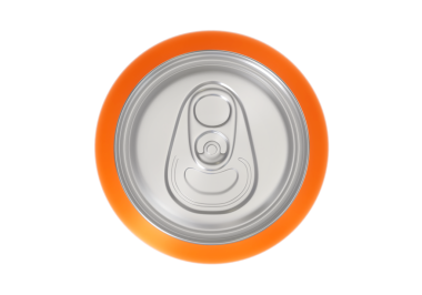 Üst Manzara. Turuncu alüminyum içecek kutusu, şeffaf arkaplan