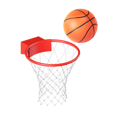 Çemberin kenarındaki bir basket topunun yakın çekimi, şeffaf bir arkaplan.