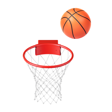 Çemberin kenarındaki bir basket topunun yakın çekimi, şeffaf bir arkaplan.