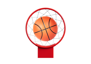 Çemberin kenarındaki bir basket topunun yakın çekimi, şeffaf bir arkaplan.