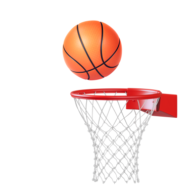 Çemberin kenarındaki bir basket topunun yakın çekimi, şeffaf bir arkaplan.