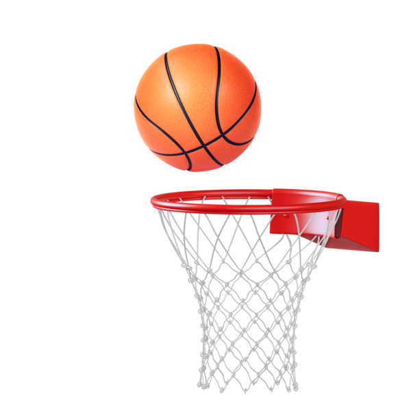 Çemberin kenarındaki bir basket topunun yakın çekimi, şeffaf bir arkaplan.