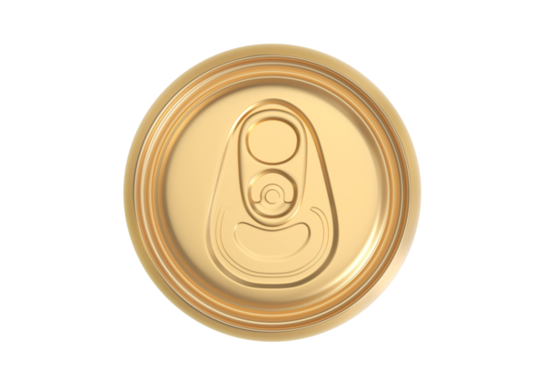 Üst Manzara. Altın alüminyum içecek kutusu, şeffaf arkaplan