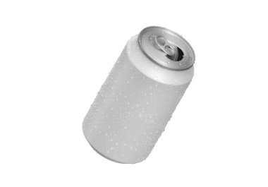 Beyaz zemin üzerinde su damlaları olan beyaz alüminyum soda kutusunu aç