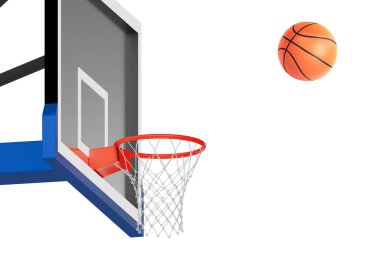 Ağ üzerinde yüzen turuncu basketbol topu. Başarı kavramı. Puan ve galibiyet