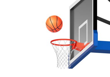Ağ üzerinde yüzen turuncu basketbol topu. Başarı kavramı. Puan ve galibiyet