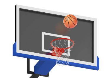 Ağ üzerinde yüzen turuncu basketbol topu. Başarı kavramı. Puan ve galibiyet