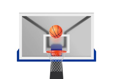 Ağ üzerinde yüzen turuncu basketbol topu. Başarı kavramı. Puan ve galibiyet