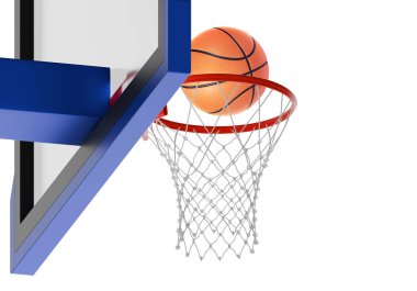 Ağ üzerinde yüzen turuncu basketbol topu. Başarı kavramı. Puan ve galibiyet