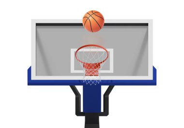 Ağ üzerinde yüzen turuncu basketbol topu. Başarı kavramı. Puan ve galibiyet