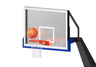 Ağ üzerinde yüzen turuncu basketbol topu. Başarı kavramı. Puan ve galibiyet