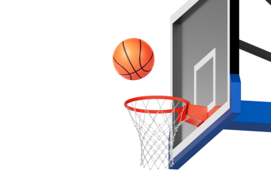 Ağ üzerinde yüzen turuncu basketbol topu. Başarı kavramı. puan toplama ve kazanma, şeffaf arkaplan