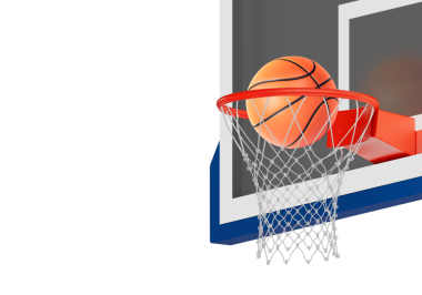 Ağ üzerinde yüzen turuncu basketbol topu. Başarı kavramı. puan toplama ve kazanma, şeffaf arkaplan