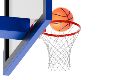 Ağ üzerinde yüzen turuncu basketbol topu. Başarı kavramı. puan toplama ve kazanma, şeffaf arkaplan