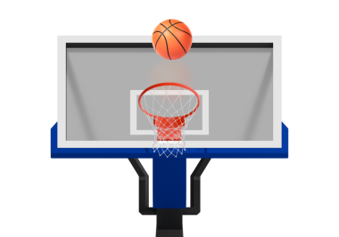 Ağ üzerinde yüzen turuncu basketbol topu. Başarı kavramı. puan toplama ve kazanma, şeffaf arkaplan