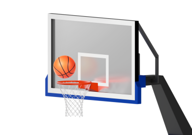 Ağ üzerinde yüzen turuncu basketbol topu. Başarı kavramı. puan toplama ve kazanma, şeffaf arkaplan