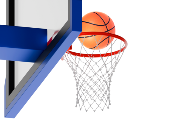 Ağ üzerinde yüzen turuncu basketbol topu. Başarı kavramı. puan toplama ve kazanma, şeffaf arkaplan