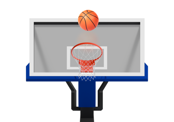 Ağ üzerinde yüzen turuncu basketbol topu. Başarı kavramı. puan toplama ve kazanma, şeffaf arkaplan