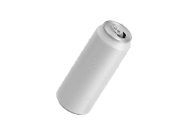 Beyaz zemin üzerinde su damlaları olan beyaz alüminyum soda kutusunu aç