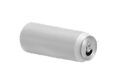 Beyaz zemin üzerinde su damlaları olan beyaz alüminyum soda kutusunu aç