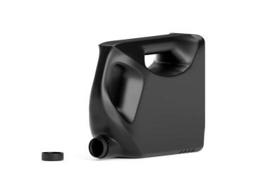 Açık kapaklı, şeffaf arka planı olan siyah plastik yakıt deposu.