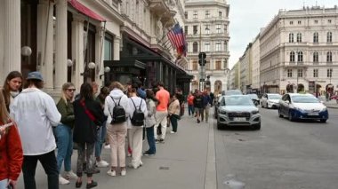 Viyana, Avusturya, Ağustos 2022. Müşteriler ünlü pastanın tadına bakmak için kuyruğa giriyor. Yavaş çekim görüntüleri.