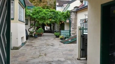 Viyana, Avusturya, Ağustos 2022. Grinzing Köyü, Viyana 'da şarap üreten ünlü bir dağ köyüdür. Lokantalar ve kafeteryalar, yerel yemek ve şarap..