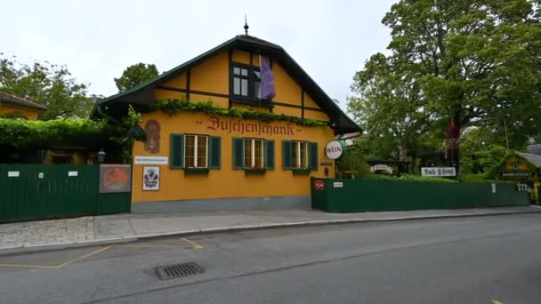 ウィーン オーストリア 2022年8月 グラインジング村は ウィーンで有名な丘の上のワイン生産村です 地元の食べ物やワインとレストランやトラットリア — ストック動画