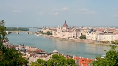 Budapest, Hungary, August 2022. Aerial footage on the cityscape. Zooming into the distance: from the parliament along the Danube bank to an overall view of the city. Beautiful summer day.