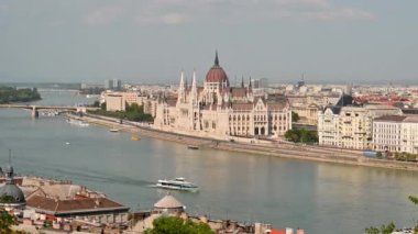 Budapest, Hungary, August 2022. Aerial footage on the cityscape. Highlights the parliament along the Danube bank. Beautiful summer day.