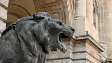 Budapest, Hungary, August 2022. Footage with the detail of one of the lion states roaring in the courtyard of the castle of buda, on the hill.