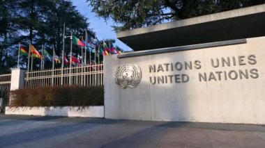 Geneva, Switzerland, January 2023. Footage of the United Nations Headquarters: in evidence the logo and the writing in French and English 