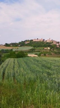 Evden kaçış kavramı, doğayla temas, tatil ve boş zaman. Moferrato 'nun manzarası, Piedmont, İtalya. Tepede Montiglio köyü var. İyi şaraplar ve yiyecekler diyarı. Dikey format..
