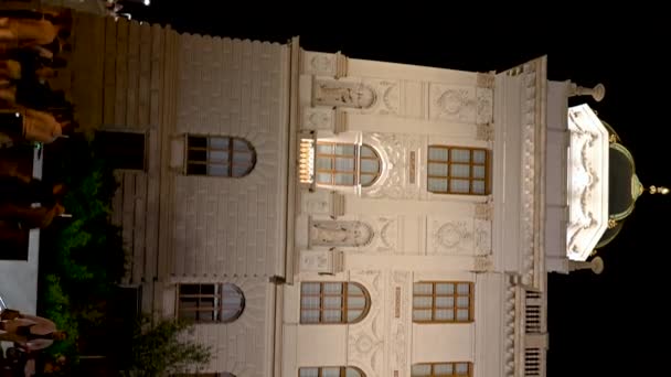 2023年8月4日 捷克共和国布拉格 以国家博物馆所在建筑的垂直形式吸引人的夜间录像 人们在晚上散步 — 图库视频影像