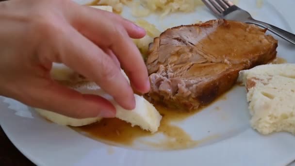 プラハ チェコ 2023年8月4日 典型的な料理の1つとのゆっくりとした動きのクローズアップ サウル ウクライナと浸漬のためのパンで煮た豚肉 手はパンをつかみ それを肉ソースに浸します — ストック動画
