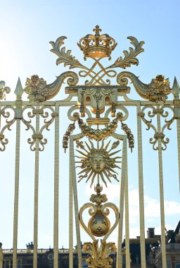 Versailles, Paris, Fransa, 30 Haziran 2022. Kraliyet sarayının altın kapısının muhteşem detayları. Öğleden sonra ışığı parlaklığını arttırır..