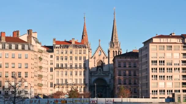 Lyon Fransa Aralık 2023 Saint Nizier Kilisesinin Cephesine Yakınlaş Yatır — Stok video