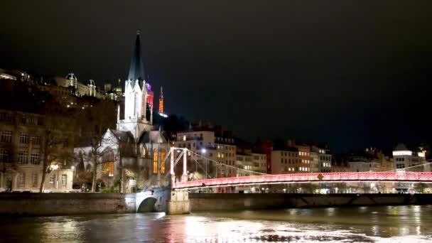 Lyon France December 2023 Nighttime Footage Riverfront George Church Highlighted — Stock Video