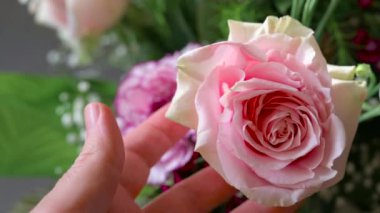 Bir profesyonel tarafından yapılmış harika bir çiçek aranjmanı. Gülü yakından çek, el taçyapraklarını okşa. Kopyalama. Tazelik, saflık, pozitiflik kavramı.