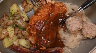 İçinde Trentino spesiyaliteleri olan iştah açıcı bir tava: fırında domuz inciği, kızarmış patates, sosisli börek ve lahana turşusu. Tipik ve lezzetli İtalyan yemeği kavramı. Çatal kaval kemiğine değiyor..